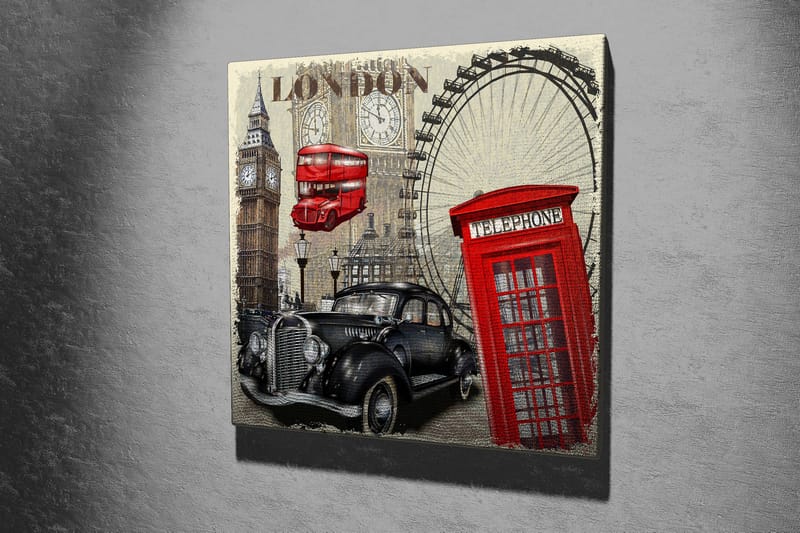 Lerretsbilde 45x45 cm - London-inspirert bybilde med en rød telefonkiosk og en klassisk bil - Rød / Svart / Beige - Interiør - Maleri & posters - Lerretsbilder