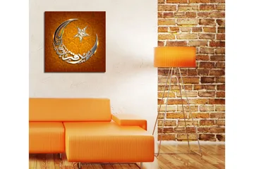 Lerretsbilde 45x45 cm - Måneformet komposisjon med kalligrafiske elementer og stjerne - Oransje / Sølv - Interiør - Maleri & posters - Lerretsbilder