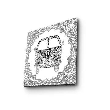 Lerretsbilde 45x45 cm - Mønstret bil med fredssymbol omgitt av dekorative former - Svart / Hvit - Interiør - Maleri & posters - Lerretsbilder