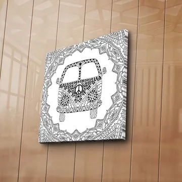 Lerretsbilde 45x45 cm - Mønstret bil med fredssymbol omgitt av dekorative former - Svart / Hvit - Interiør - Maleri & posters - Lerretsbilder