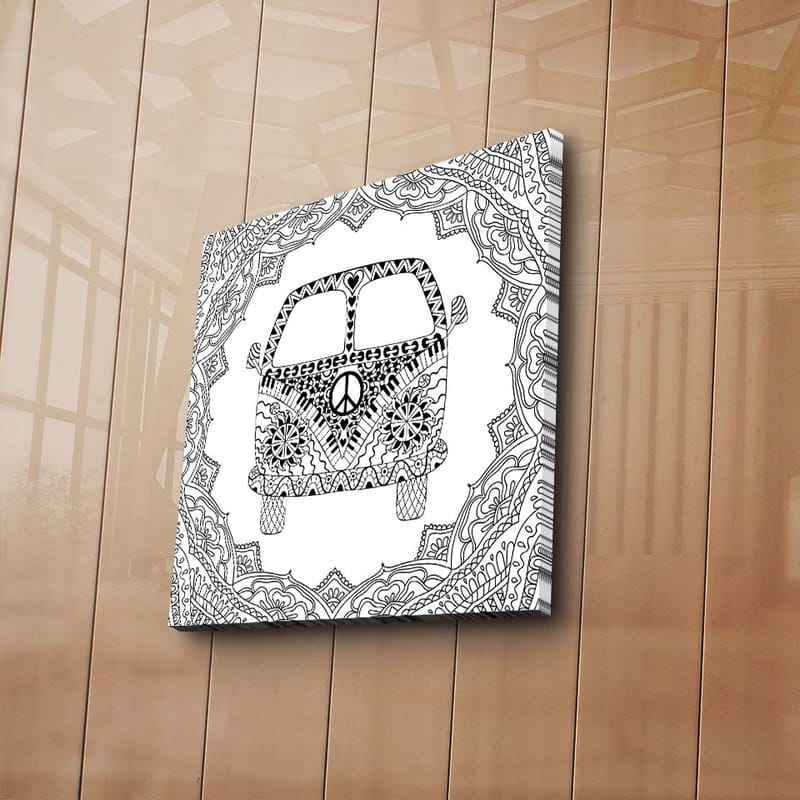 Lerretsbilde 45x45 cm - Mønstret bil med fredssymbol omgitt av dekorative former - Svart / Hvit - Interiør - Maleri & posters - Lerretsbilder