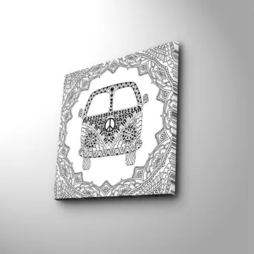 Lerretsbilde 45x45 cm - Mønstret bil med fredssymbol omgitt av dekorative former - Svart / Hvit - Interiør - Maleri & posters - Lerretsbilder