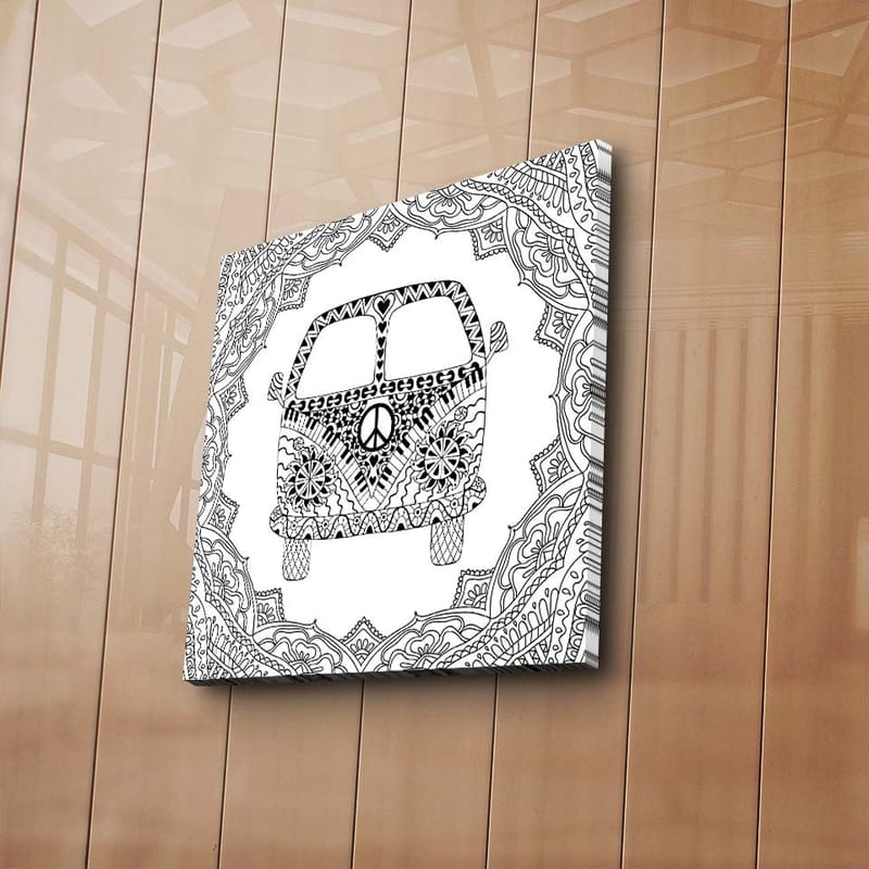 Lerretsbilde 45x45 cm - Mønstret bil med fredssymbol omgitt av dekorative former - Svart / Hvit - Interiør - Maleri & posters - Lerretsbilder