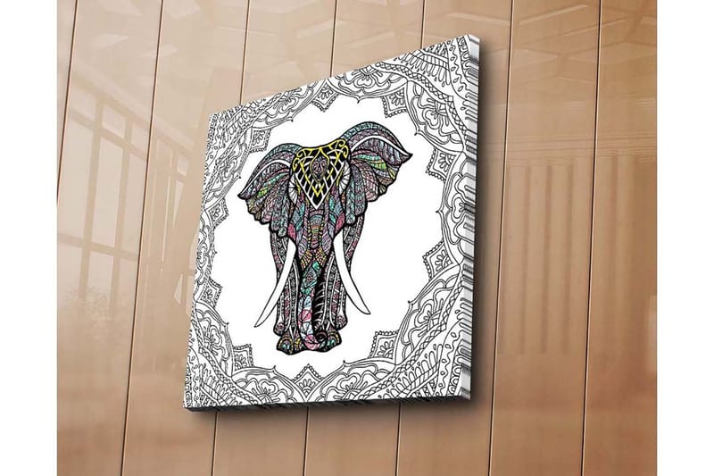 Lerretsbilde 45x45 cm - Mønstret elefant i fokus - Svart / Gul / Turkis - Interiør - Maleri & posters - Lerretsbilder