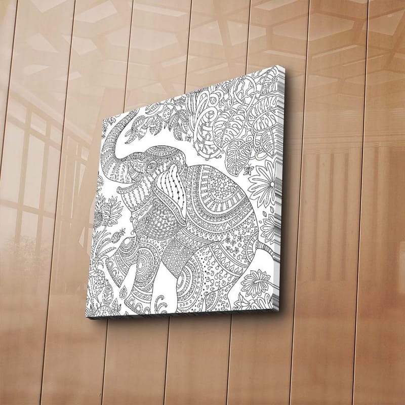 Lerretsbilde 45x45 cm - Mønstret elefant omgitt av blomster og bladverk - Svart / Hvit - Interiør - Maleri & posters - Lerretsbilder