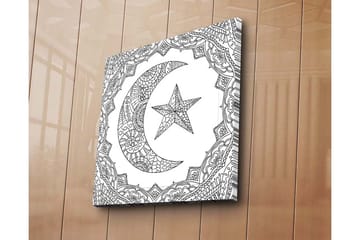 Lerretsbilde 45x45 cm - Mønstret halvmåne og stjerne i dekorativ ramme - Svart / Hvit - Interiør - Maleri & posters - Lerretsbilder