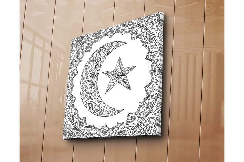 Lerretsbilde 45x45 cm - Mønstret halvmåne og stjerne i dekorativ ramme - Svart / Hvit - Interiør - Maleri & posters - Lerretsbilder