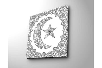 Lerretsbilde 45x45 cm - Mønstret halvmåne og stjerne i dekorativ ramme - Svart / Hvit - Interiør - Maleri & posters - Lerretsbilder