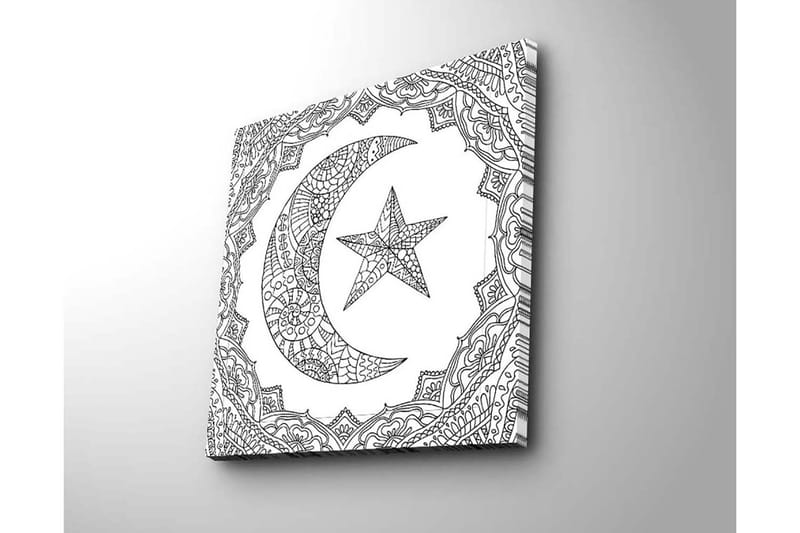 Lerretsbilde 45x45 cm - Mønstret halvmåne og stjerne i dekorativ ramme - Svart / Hvit - Interiør - Maleri & posters - Lerretsbilder