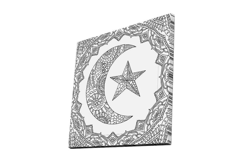 Lerretsbilde 45x45 cm - Mønstret halvmåne og stjerne i dekorativ ramme, Svart / Hvit