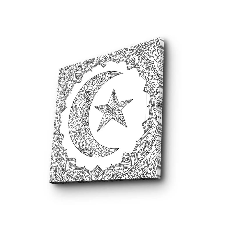 Lerretsbilde 45x45 cm - Mønstret måne og stjerne i dekorativ ramme - Svart / Hvit - Interiør - Maleri & posters - Lerretsbilder