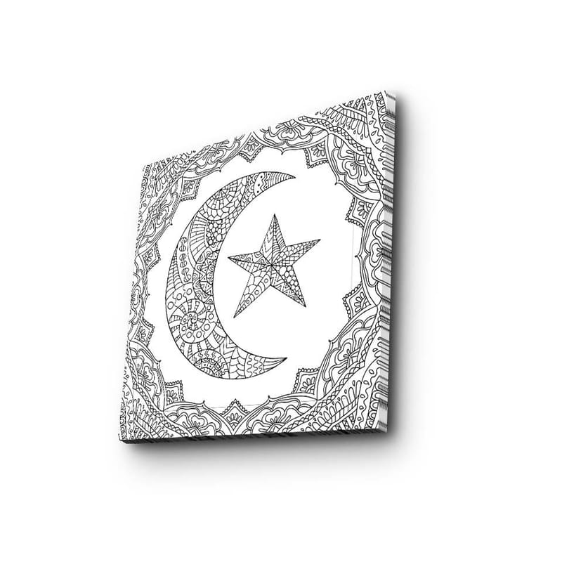 Lerretsbilde 45x45 cm - Mønstret måne og stjerne i dekorativ ramme - Svart / Hvit - Interiør - Maleri & posters - Lerretsbilder