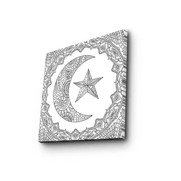 Lerretsbilde 45x45 cm - Mønstret måne og stjerne i dekorativ ramme - Svart / Hvit - Interiør - Maleri & posters - Lerretsbilder