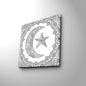 Lerretsbilde 45x45 cm - Mønstret måne og stjerne i dekorativ ramme - Svart / Hvit - Interiør - Maleri & posters - Lerretsbilder