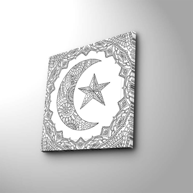 Lerretsbilde 45x45 cm - Mønstret måne og stjerne i dekorativ ramme, Svart / Hvit