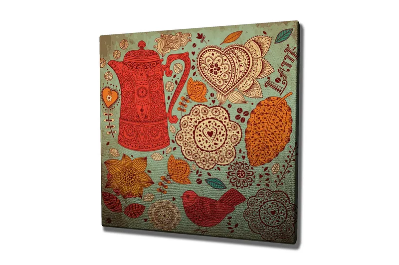 Lerretsbilde 45x45 cm - Mønstret tekanne omgitt av blomster og blader - Rød / Oransje / Gul - Interiør - Maleri & posters - Lerretsbilder
