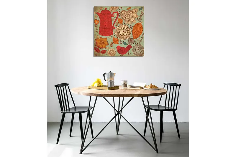 Lerretsbilde 45x45 cm - Mønstret tekanne omgitt av blomster og blader - Rød / Oransje / Gul - Interiør - Maleri & posters - Lerretsbilder