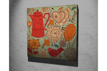 Lerretsbilde 45x45 cm - Mønstret tekanne omgitt av blomster og blader - Rød / Oransje / Gul - Interiør - Maleri & posters - Lerretsbilder