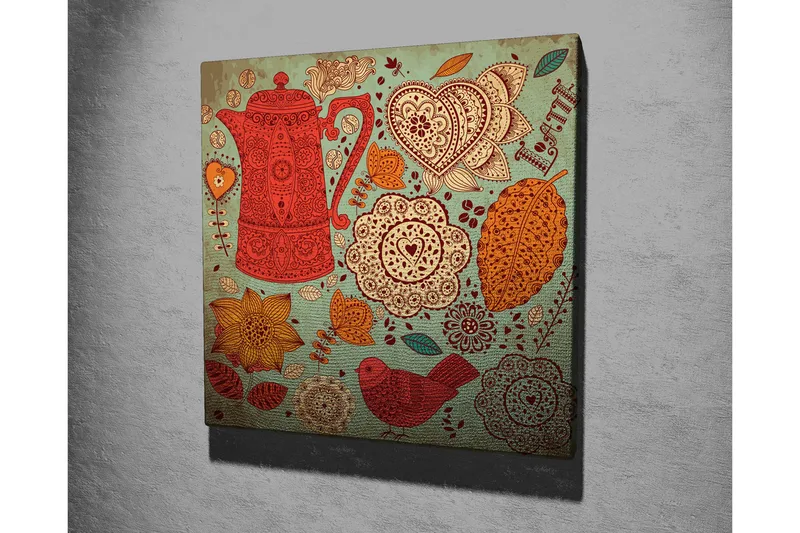 Lerretsbilde 45x45 cm - Mønstret tekanne omgitt av blomster og blader - Rød / Oransje / Gul - Interiør - Maleri & posters - Lerretsbilder