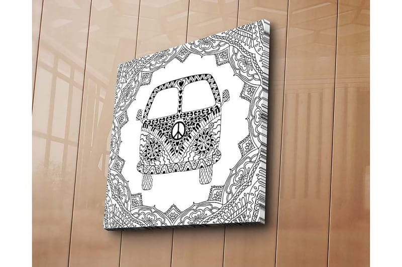 Lerretsbilde 45x45 cm - Mønstret varebil med fredssymbol i dekorativ ramme - Svart / Hvit - Interiør - Maleri & posters - Lerretsbilder