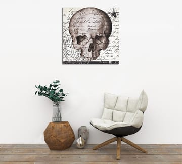Lerretsbilde 45x45 cm - Mørk hodeskalle med håndskrevet tekst og edderkoppmotiv - Grå / Svart / Beige - Interiør - Maleri & posters - Lerretsbilder
