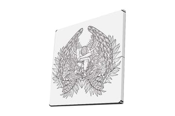 Lerretsbilde 45x45 cm - Mørk og detaljert skulptur av en sittende figur omgitt av fjær og vegetasjon - Svart / Hvit - Interiør - Maleri & posters - Lerretsbilder