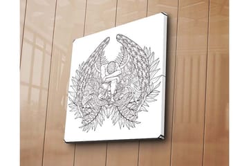 Lerretsbilde 45x45 cm - Mørk og detaljert skulptur av en sittende figur omgitt av fjær og vegetasjon - Svart / Hvit - Interiør - Maleri & posters - Lerretsbilder