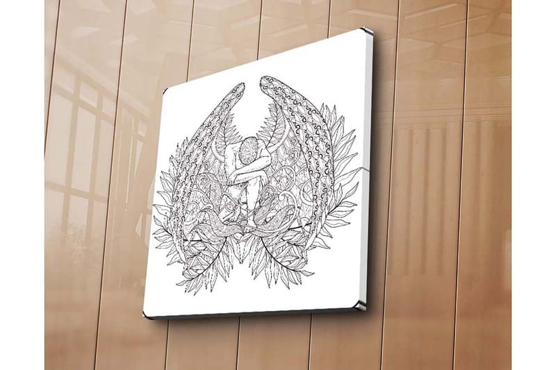 Lerretsbilde 45x45 cm - Mørk og detaljert skulptur av en sittende figur omgitt av fjær og vegetasjon - Svart / Hvit - Interiør - Maleri & posters - Lerretsbilder