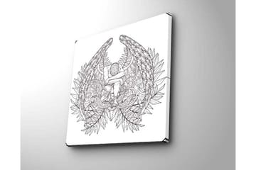 Lerretsbilde 45x45 cm - Mørk og detaljert skulptur av en sittende figur omgitt av fjær og vegetasjon - Svart / Hvit - Interiør - Maleri & posters - Lerretsbilder