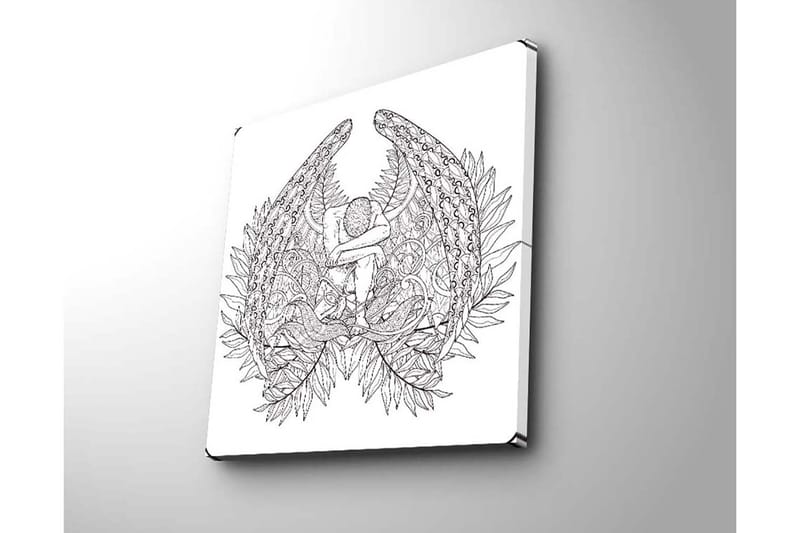 Lerretsbilde 45x45 cm - Mørk og detaljert skulptur av en sittende figur omgitt av fjær og vegetasjon - Svart / Hvit - Interiør - Maleri & posters - Lerretsbilder