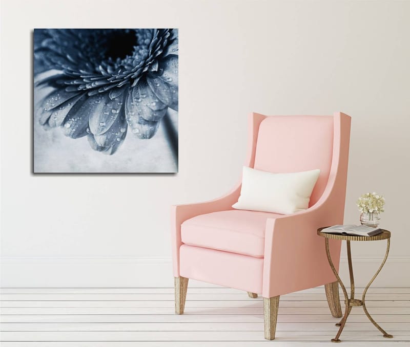 Lerretsbilde 45x45 cm - Nærbilde av en blomst med vanndråper på kronbladene, Blå / Grå