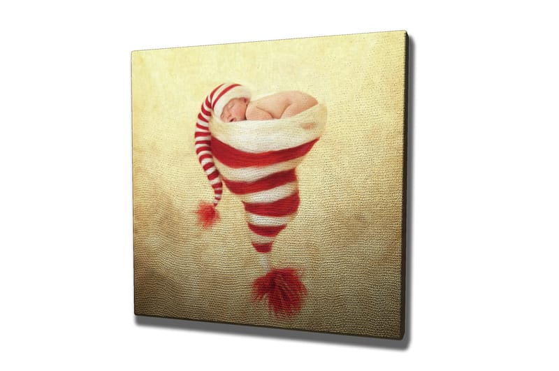 Lerretsbilde 45x45 cm - Nyfødt baby i julehatt med røde og hvite striper, Rød / Hvit / Beige
