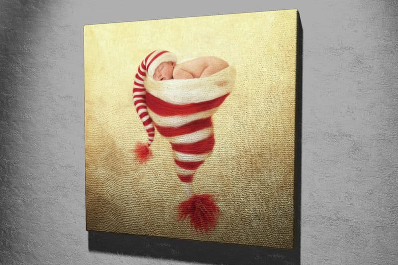 Lerretsbilde 45x45 cm - Nyfødt baby i julehatt med røde og hvite striper - Rød / Hvit / Beige - Interiør - Maleri & posters - Lerretsbilder