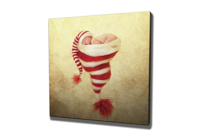 Lerretsbilde 45x45 cm - Nyfødt baby i julehatt med røde og hvite striper, Rød / Hvit / Beige