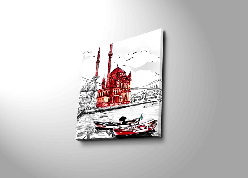 Lerretsbilde 45x45 cm - Rød moské ved vannet med båter i forgrunnen - Rød / Svart / Hvit - Interiør - Maleri & posters - Lerretsbilder