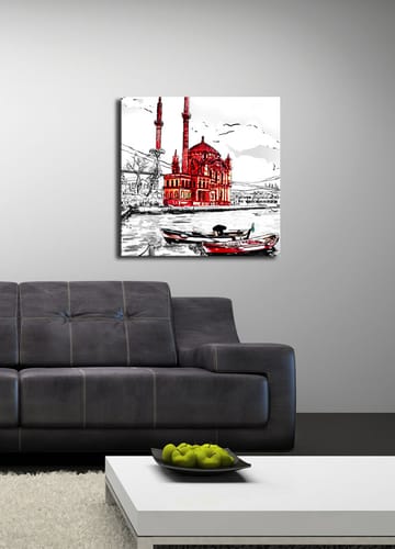Lerretsbilde 45x45 cm - Rød moské ved vannet med båter i forgrunnen - Rød / Svart / Hvit - Interiør - Maleri & posters - Lerretsbilder