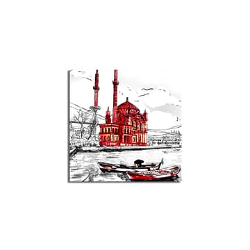 Lerretsbilde 45x45 cm - Rød moské ved vannet med båter i forgrunnen - Rød / Svart / Hvit - Interiør - Maleri & posters - Lerretsbilder