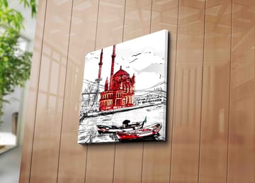 Lerretsbilde 45x45 cm - Rød moské ved vannet med båter i forgrunnen - Rød / Svart / Hvit - Interiør - Maleri & posters - Lerretsbilder