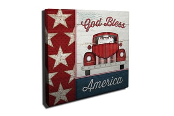 Lerretsbilde 45x45 cm - Rød veteranbil med amerikanske stjerner og teksten God Bless America - Rød / Hvit / Blå - Interiør - Maleri & posters - Lerretsbilder