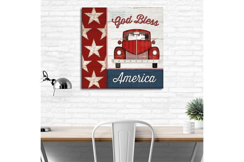 Lerretsbilde 45x45 cm - Rød veteranbil med amerikanske stjerner og teksten God Bless America - Rød / Hvit / Blå - Interiør - Maleri & posters - Lerretsbilder