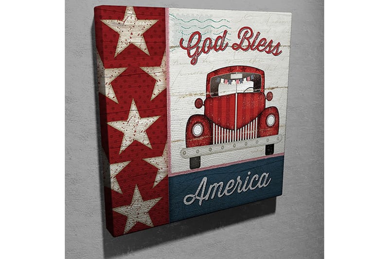 Lerretsbilde 45x45 cm - Rød veteranbil med amerikanske stjerner og teksten God Bless America - Rød / Hvit / Blå - Interiør - Maleri & posters - Lerretsbilder