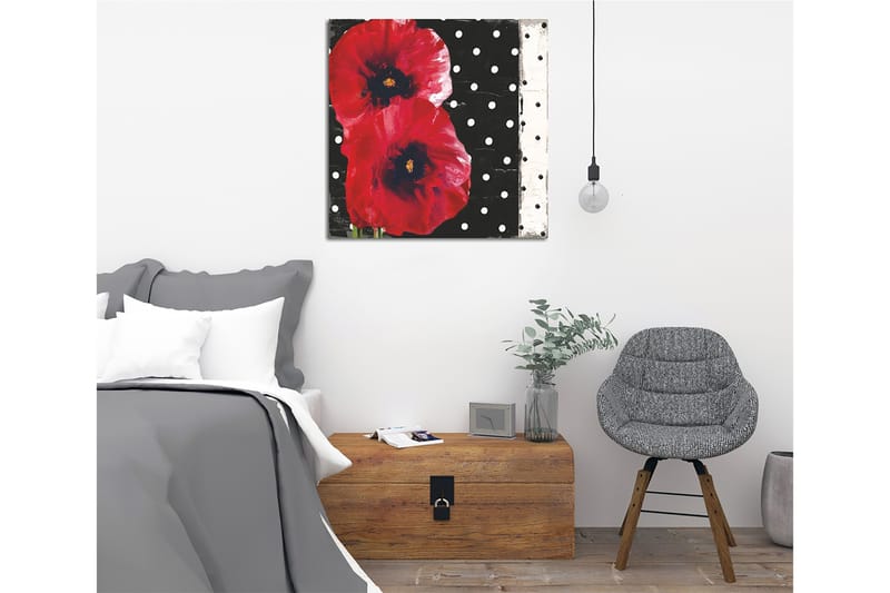 Lerretsbilde 45x45 cm - Røde blomster mot svart bakgrunn med hvite prikker - Rød / Svart / Hvit - Interiør - Maleri & posters - Lerretsbilder