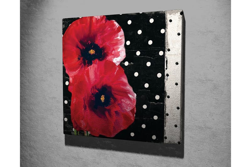 Lerretsbilde 45x45 cm - Røde blomster mot svart bakgrunn med hvite prikker - Rød / Svart / Hvit - Interiør - Maleri & posters - Lerretsbilder