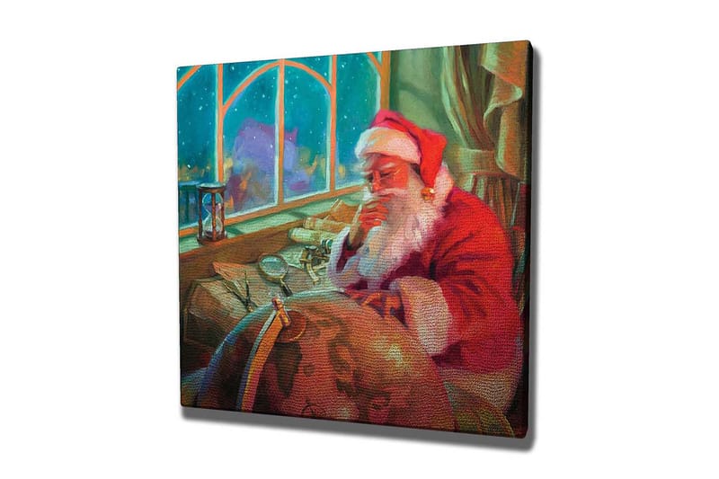 Lerretsbilde 45x45 cm - Reflekterende julenisse ved et skrivebord med en globus og papir, Rød / Grønn / Beige