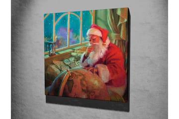 Lerretsbilde 45x45 cm - Reflekterende julenisse ved et skrivebord med en globus og papir - Rød / Grønn / Beige - Interiør - Maleri & posters - Lerretsbilder