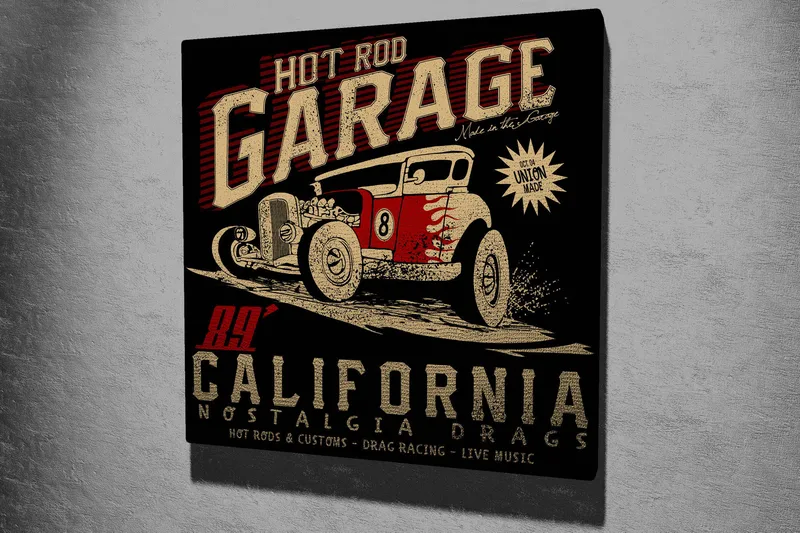 Lerretsbilde 45x45 cm - Retro hot rod-bil i bevegelse - Rød / Svart / Beige - Interiør - Maleri & posters - Lerretsbilder