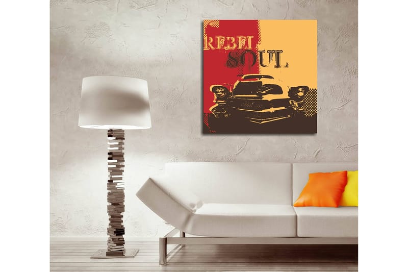 Lerretsbilde 45x45 cm - Retrobil med teksten REBEL SOUL i en fargerik komposisjon - Rød / Gul / Svart - Interiør - Maleri & posters - Lerretsbilder