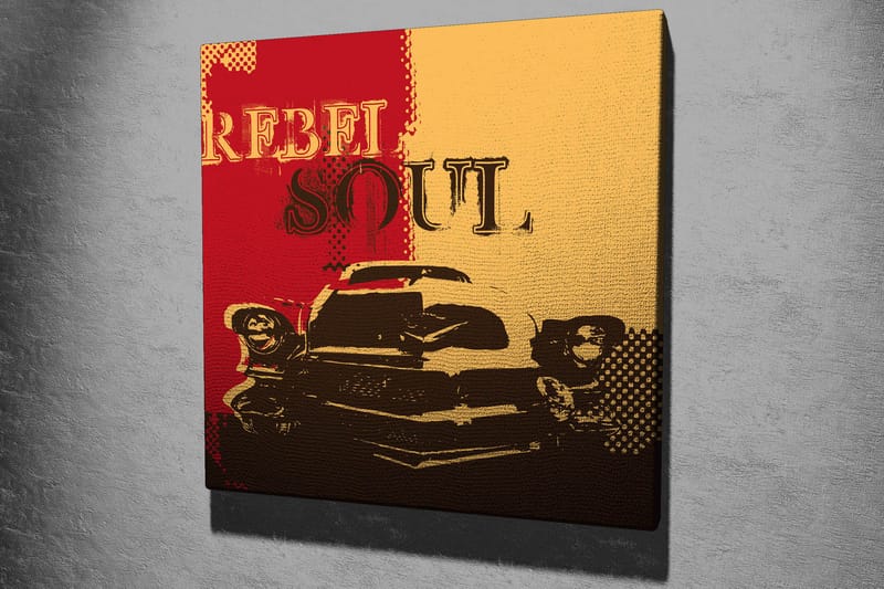 Lerretsbilde 45x45 cm - Retrobil med teksten REBEL SOUL i en fargerik komposisjon - Rød / Gul / Svart - Interiør - Maleri & posters - Lerretsbilder
