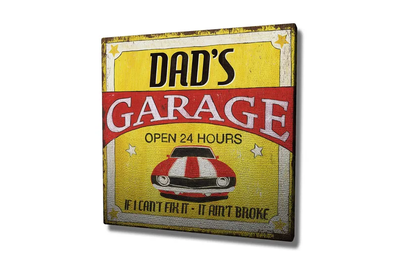 Lerretsbilde 45x45 cm - Retroskilt med en rød og hvit stripete bil - Rød / Gul / Hvit - Interiør - Maleri & posters - Lerretsbilder