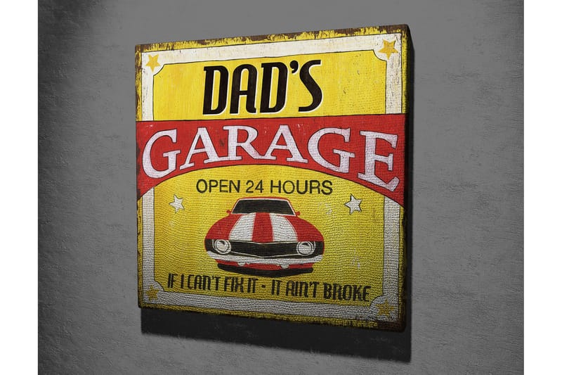 Lerretsbilde 45x45 cm - Retroskilt med en rød og hvit stripete bil - Rød / Gul / Hvit - Interiør - Maleri & posters - Lerretsbilder